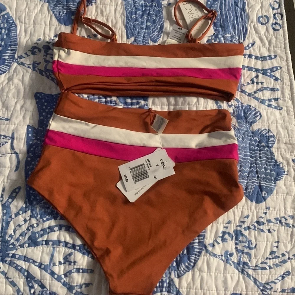 NWT L*SPACE  Rebel stripe top And bottom set amber / bougainvillea /cream small